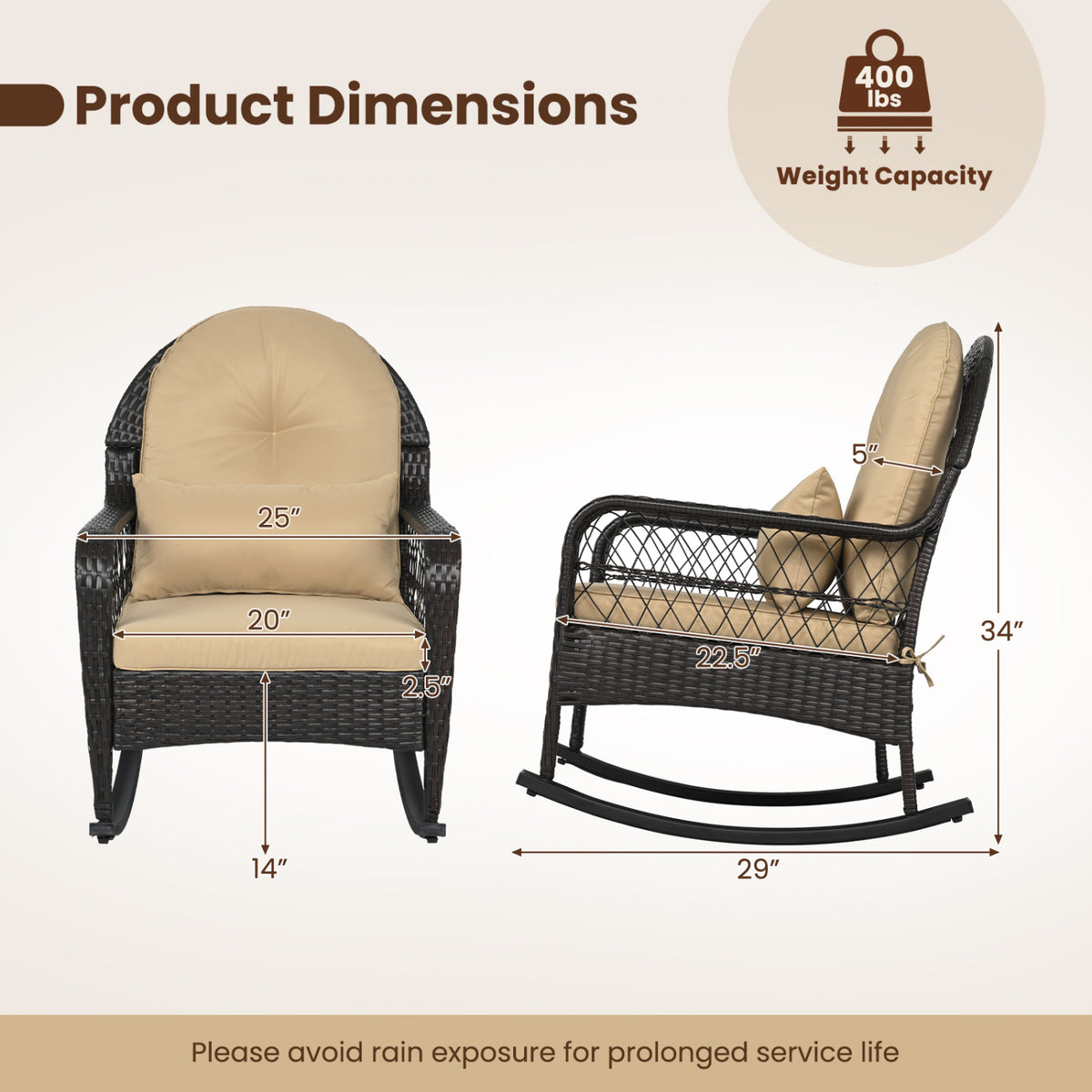 Outdoor Wicker Rocking Chair with Anti-Tip Stoppers 400 LBS for Porch Deck-Brown