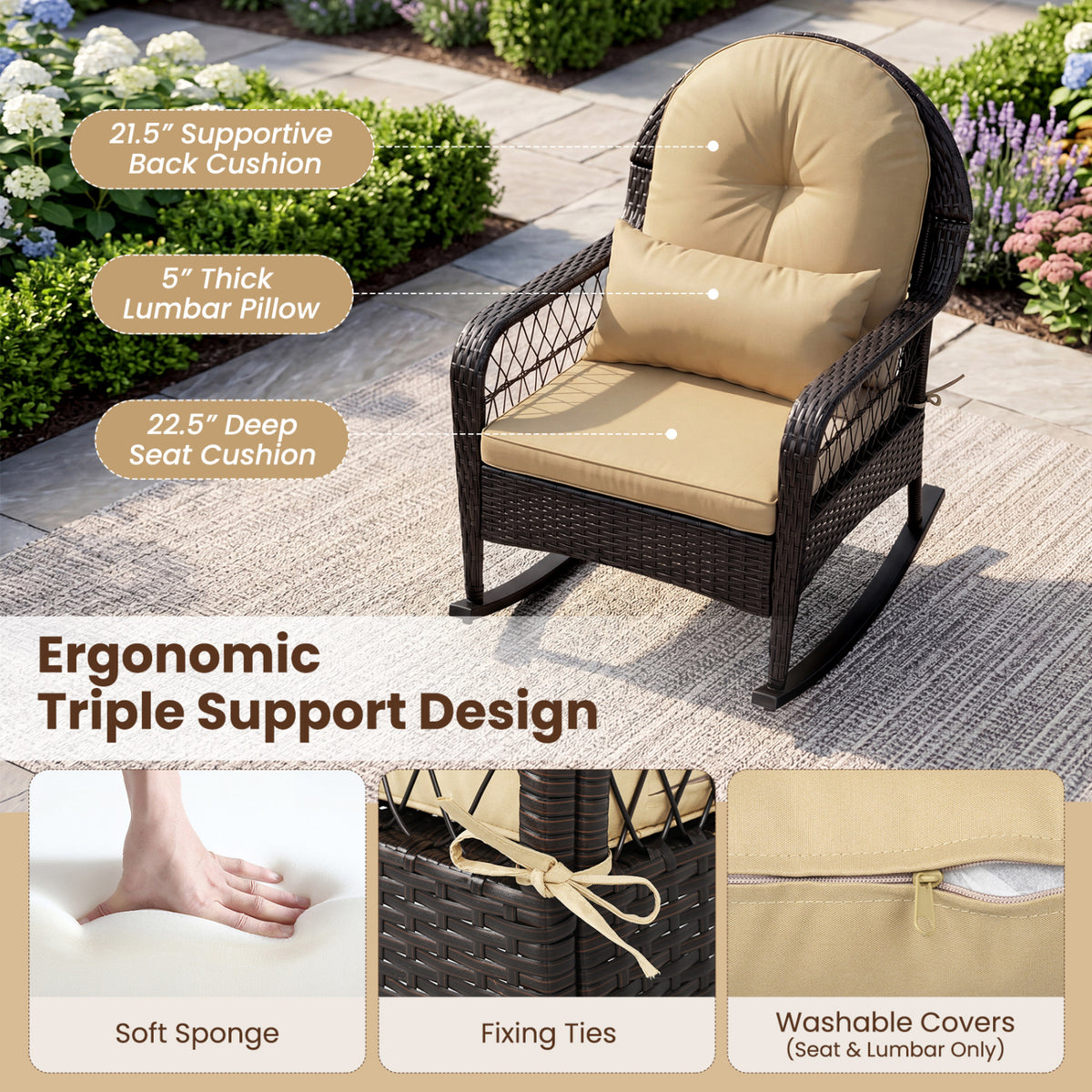 Outdoor Wicker Rocking Chair with Anti-Tip Stoppers 400 LBS for Porch Deck-Brown