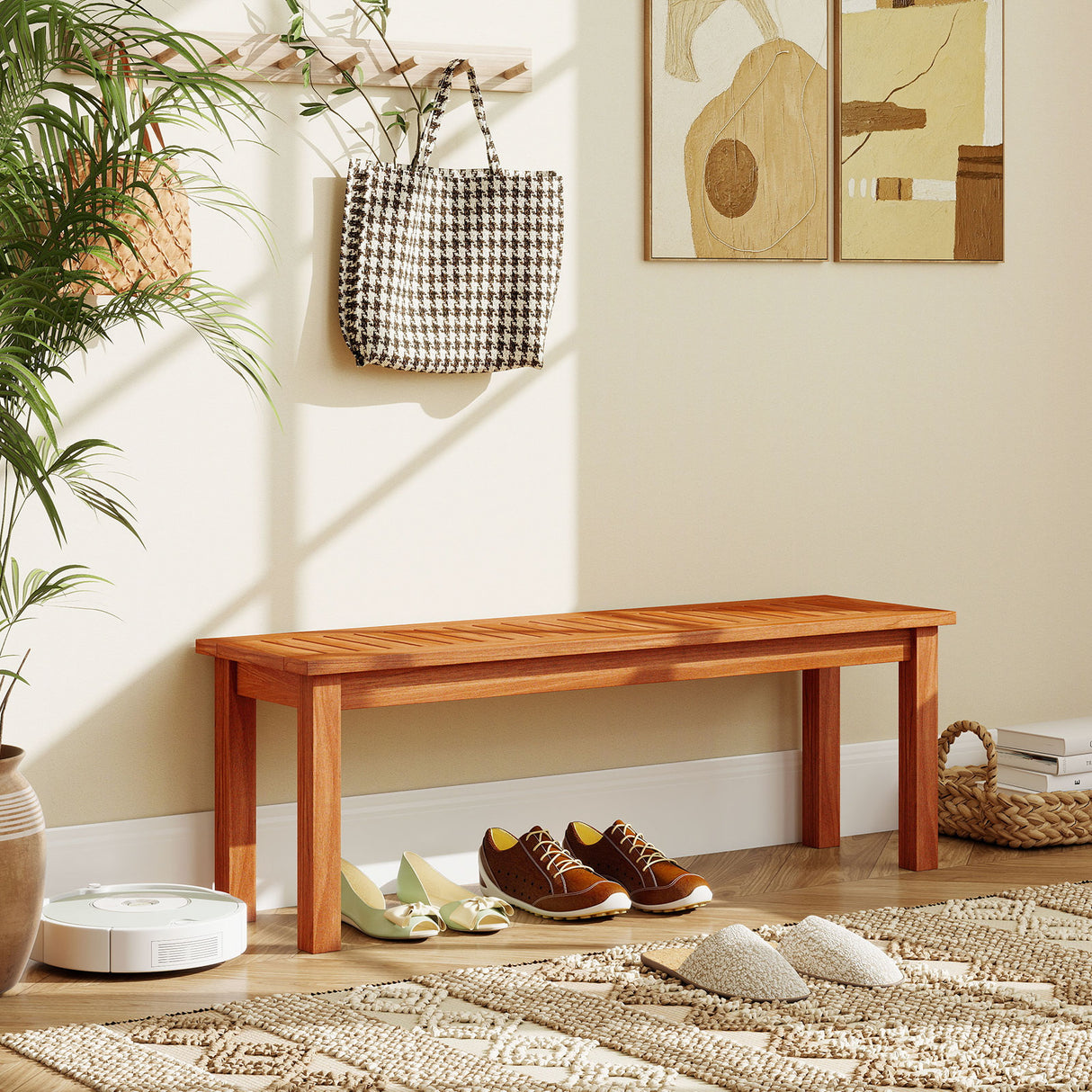 Outdoor Wood Bench 2-Person Backless Patio Garden Bench with Slatted Seat