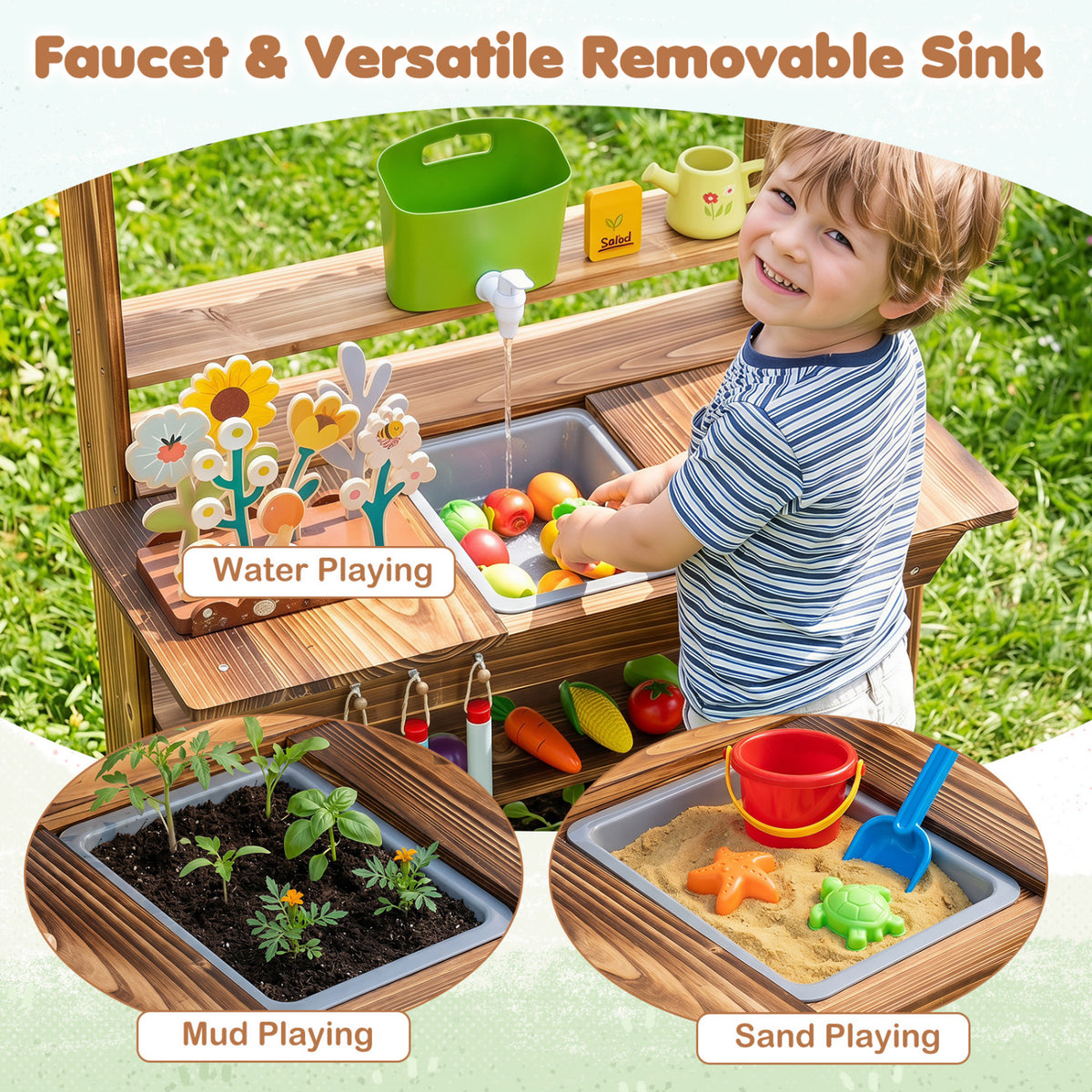 Outdoor Wood Mud Kitchen with Water Faucet and Planter for Kids Age 3+-Brown
