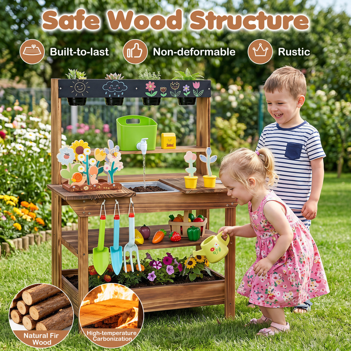 Outdoor Wood Mud Kitchen with Water Faucet and Planter for Kids Age 3+-Brown