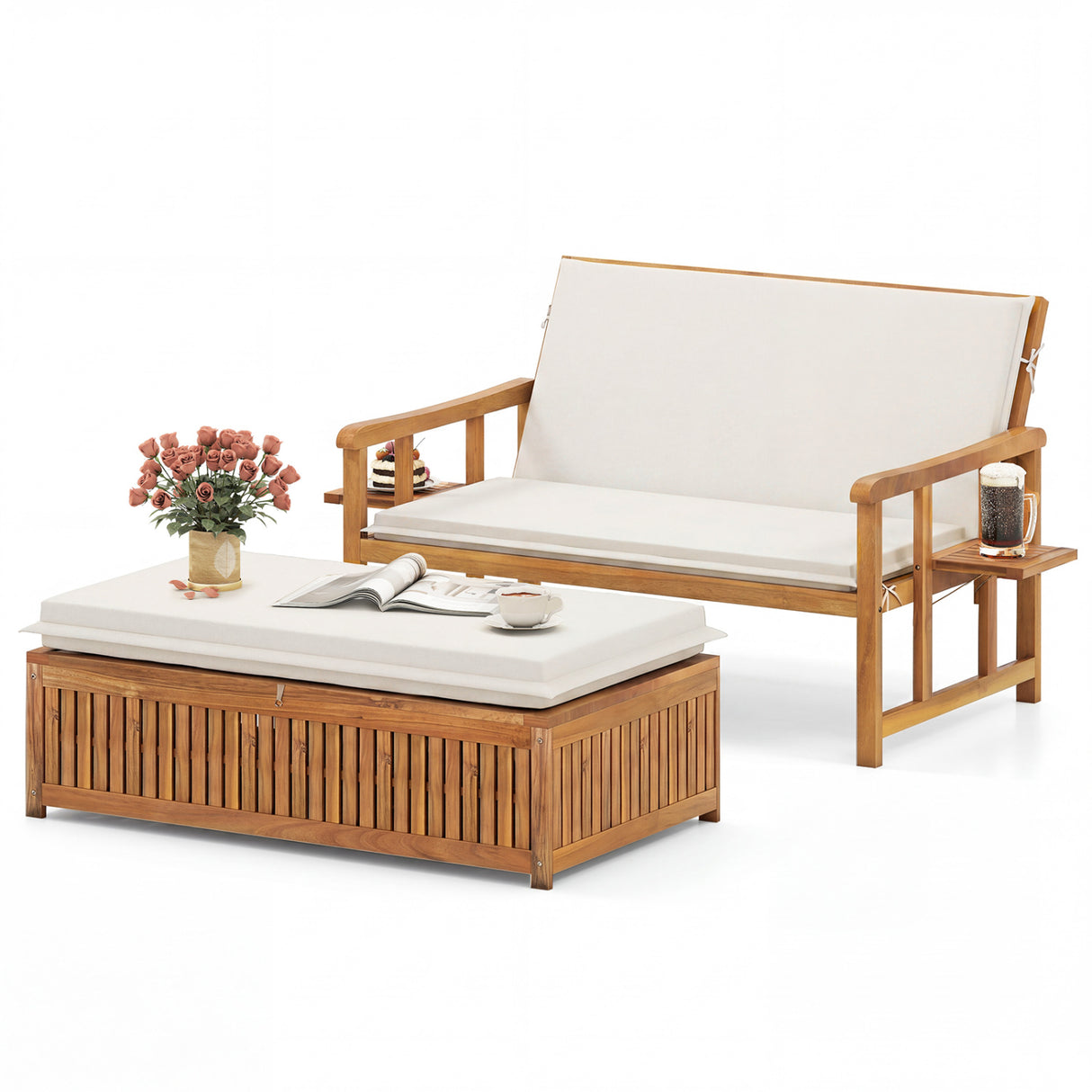 Outdoor Wooden Daybed with 4-Level Backrest and Removable Cushions-White