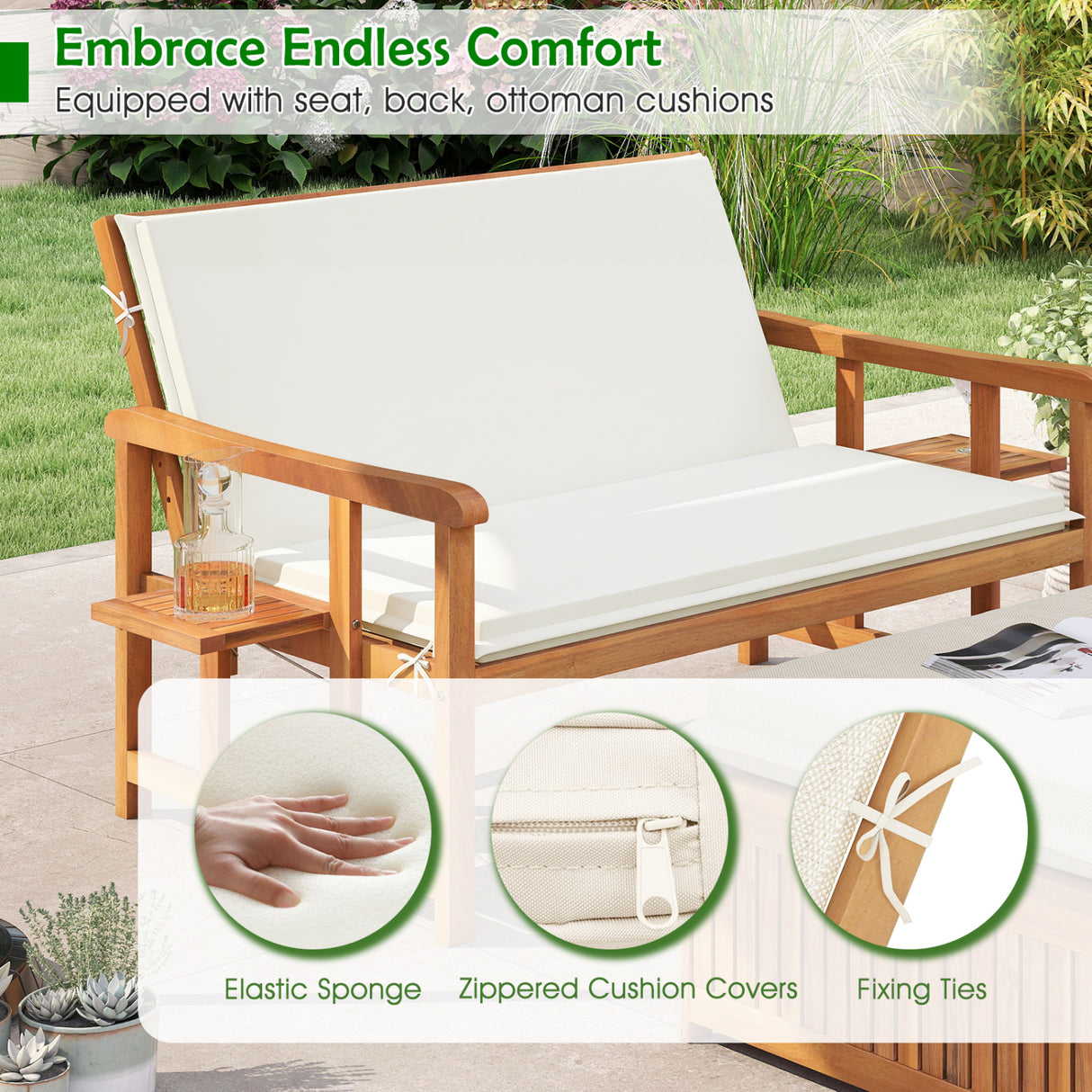 Outdoor Wooden Daybed with 4-Level Backrest and Removable Cushions-White