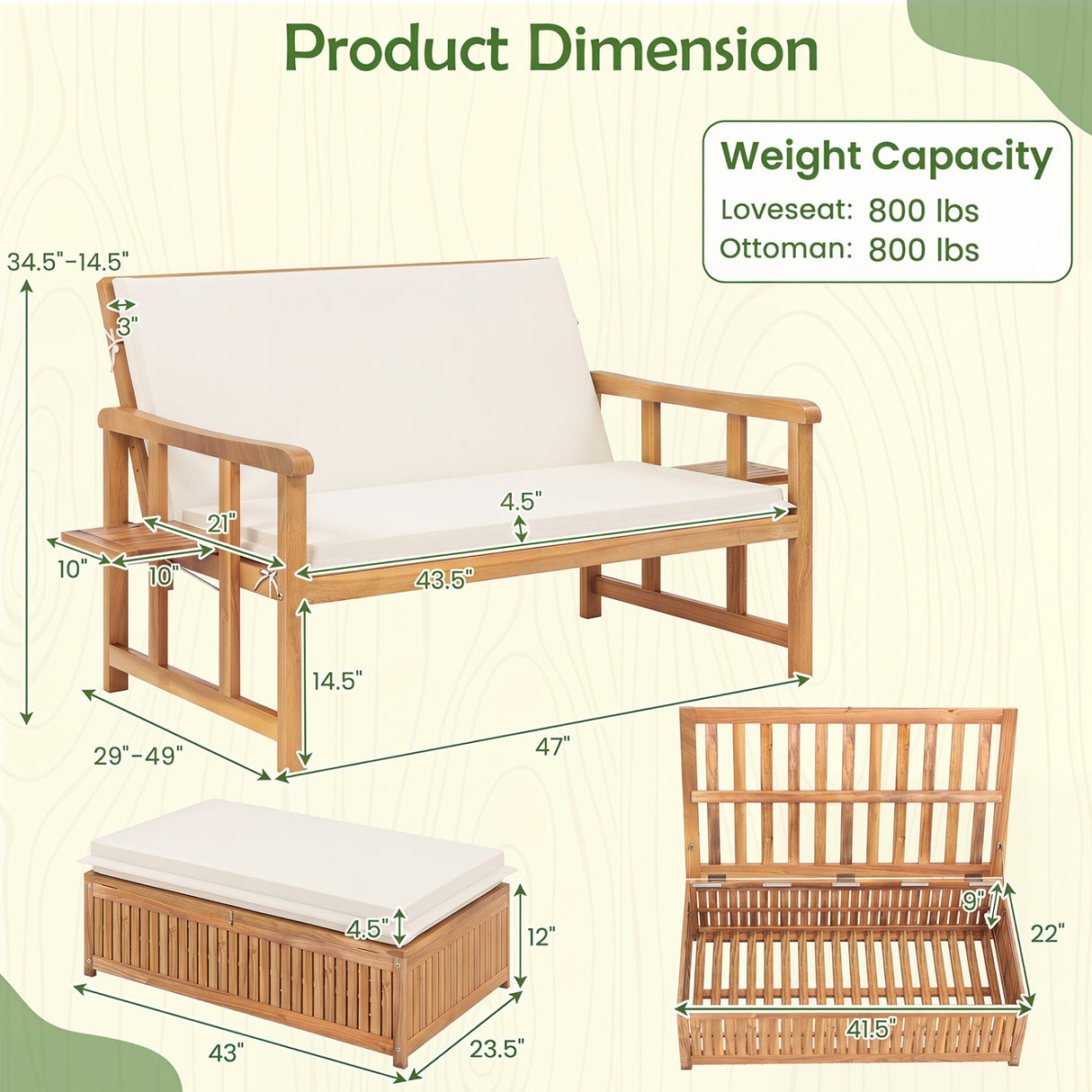 Outdoor Wooden Daybed with 4-Level Backrest and Removable Cushions-White