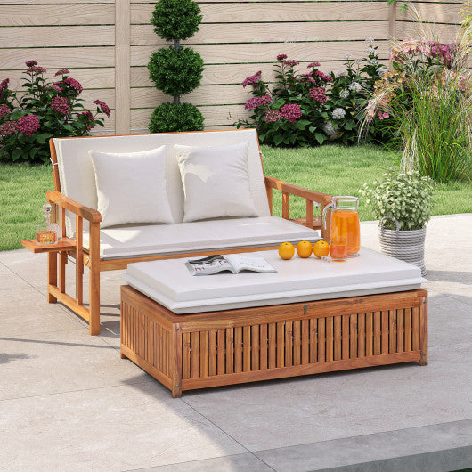 Outdoor Wooden Daybed with 4-Level Backrest and Removable Cushions-White
