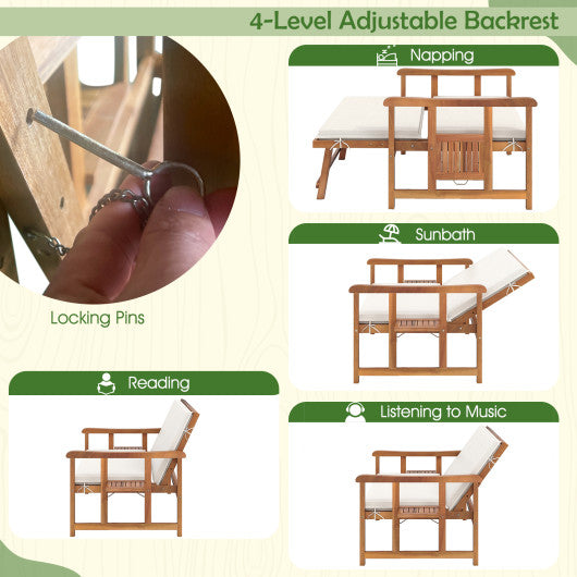 Outdoor Wooden Daybed with 4-Level Backrest and Removable Cushions-White