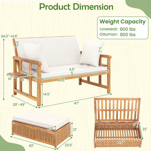 Outdoor Wooden Daybed with 4-Level Backrest and Removable Cushions-White