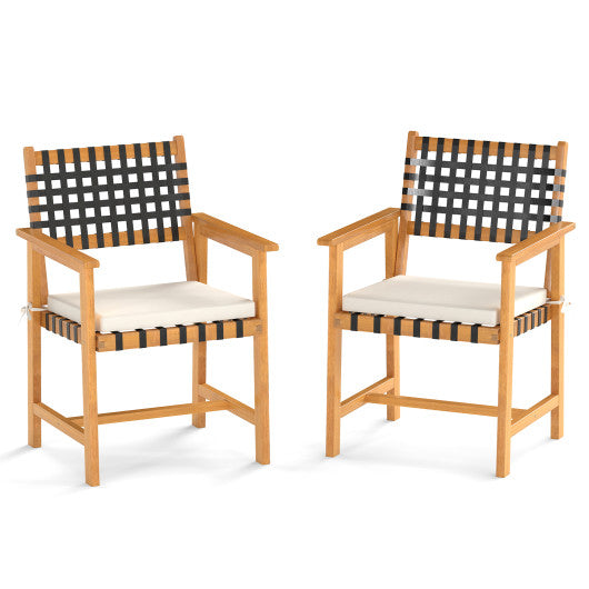 Outdoor Wooden Dining Chair Set of 2 with Armrests and Curved Back-White