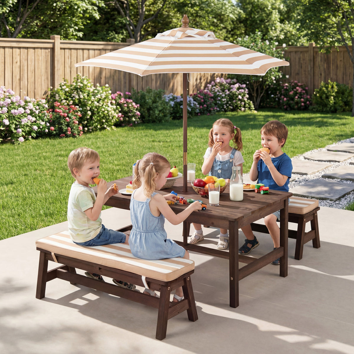 Outdoor Wooden Kids Picnic Table with Removable Umbrella and Cushions-Coffee