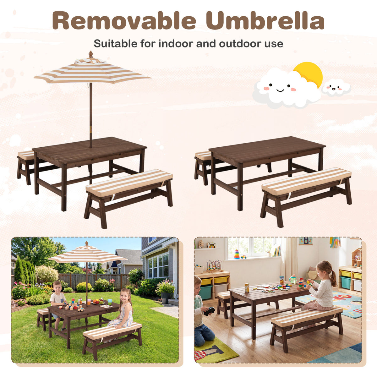 Outdoor Wooden Kids Picnic Table with Removable Umbrella and Cushions-Coffee