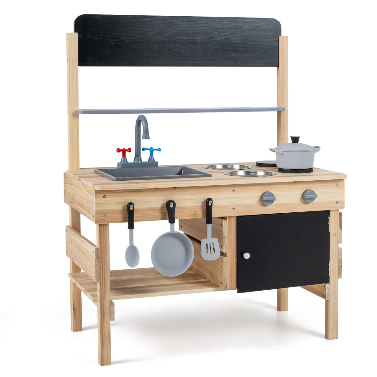Outdoor Wooden Mud Kitchen for Kids with Sink and Stoves-Natural