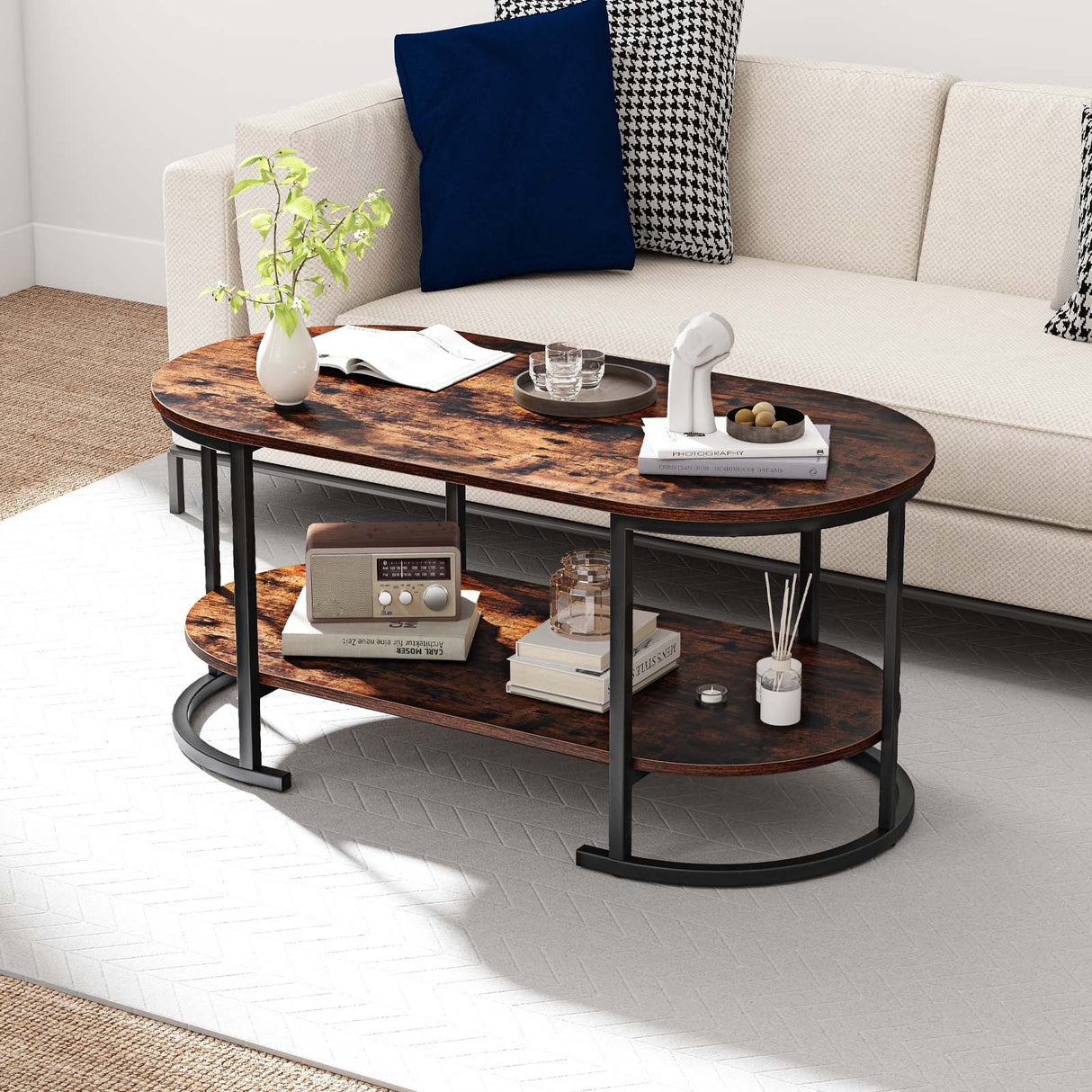 Oval Coffee Table 2-Tier Wooden Accent Table with Spacious Tabletop and Open Storage Shelf-Rustic Brown