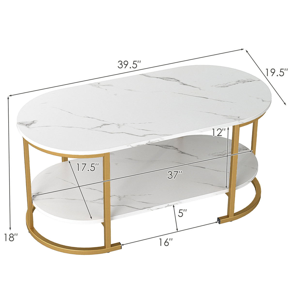 Oval Coffee Table 2-Tier Wooden Accent Table with Spacious Tabletop and Open Storage Shelf-White