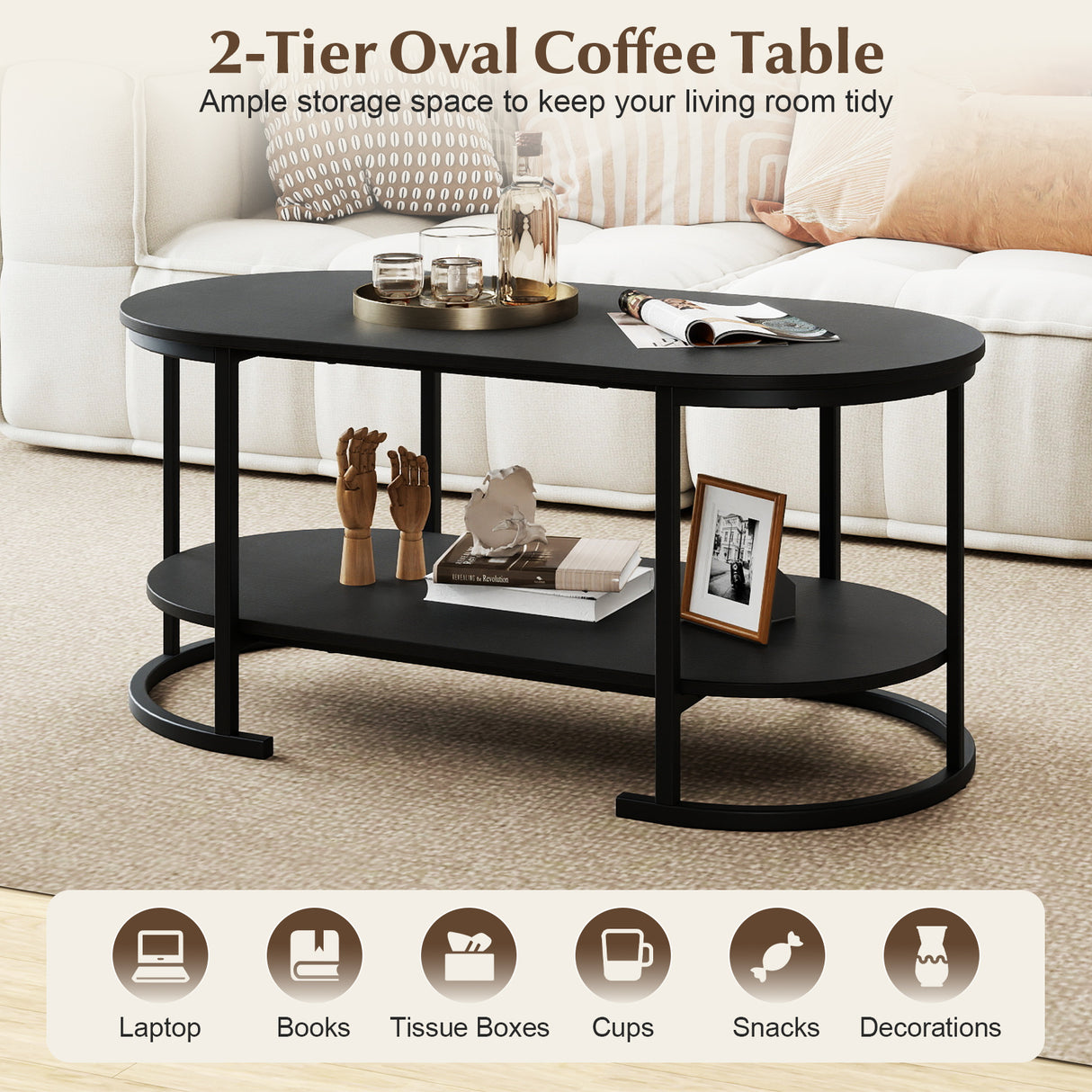 Oval Coffee Table 2-Tier Wooden Accent Table with Spacious Tabletop and Open Storage Shelf-Black