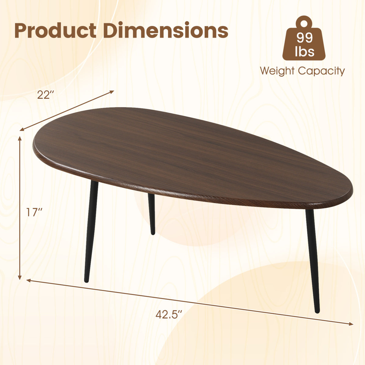 Oval Coffee Table Mid Century Center Table with Sturdy Metal Construction-Walnut