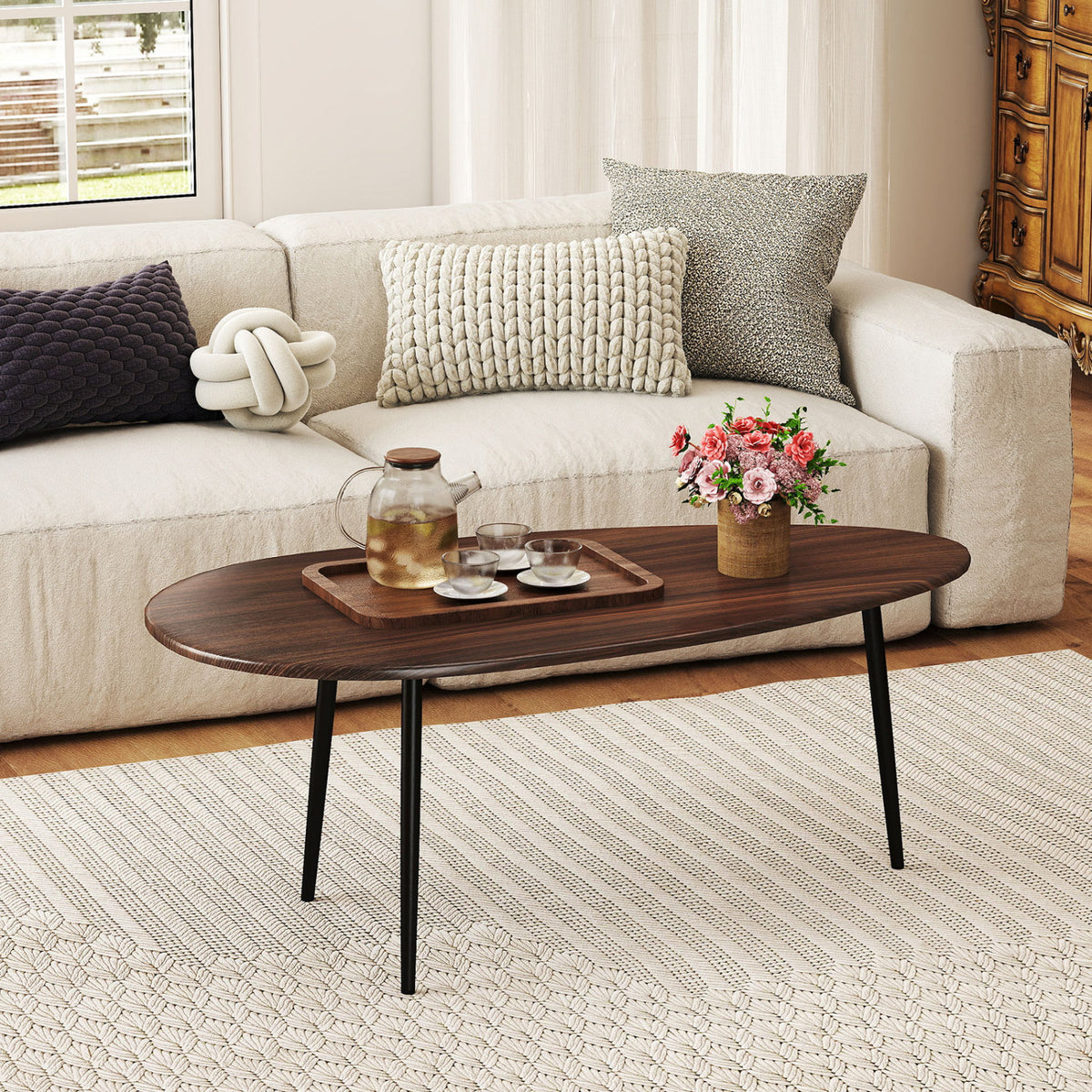 Oval Coffee Table Mid Century Center Table with Sturdy Metal Construction-Walnut