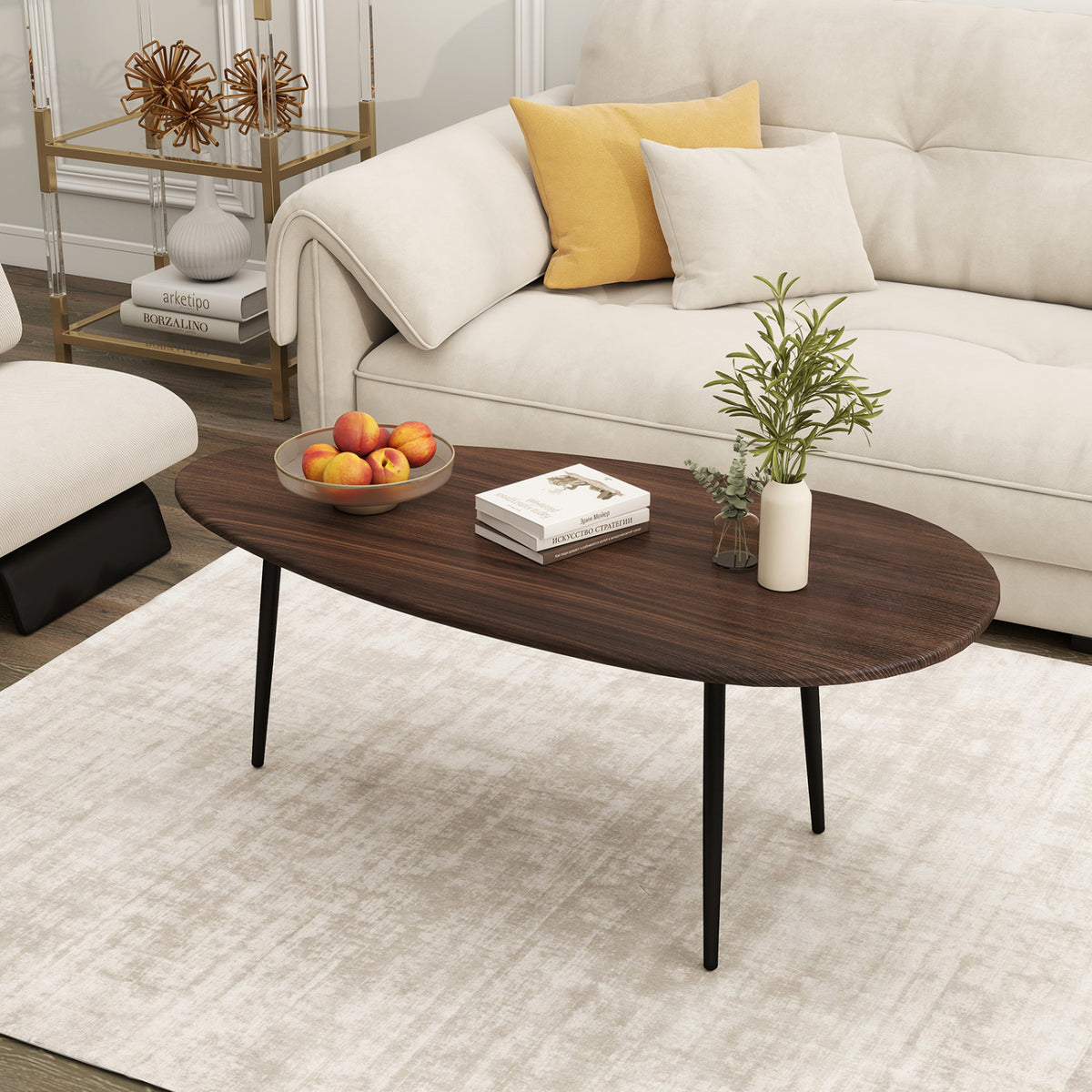 Oval Coffee Table Mid Century Center Table with Sturdy Metal Construction-Walnut