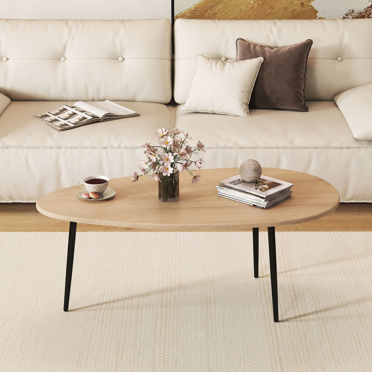 Oval Coffee Table Mid Century Center Table with Sturdy Metal Construction-Natural