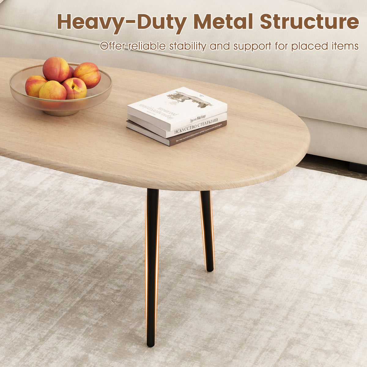 Oval Coffee Table Mid Century Center Table with Sturdy Metal Construction-Natural