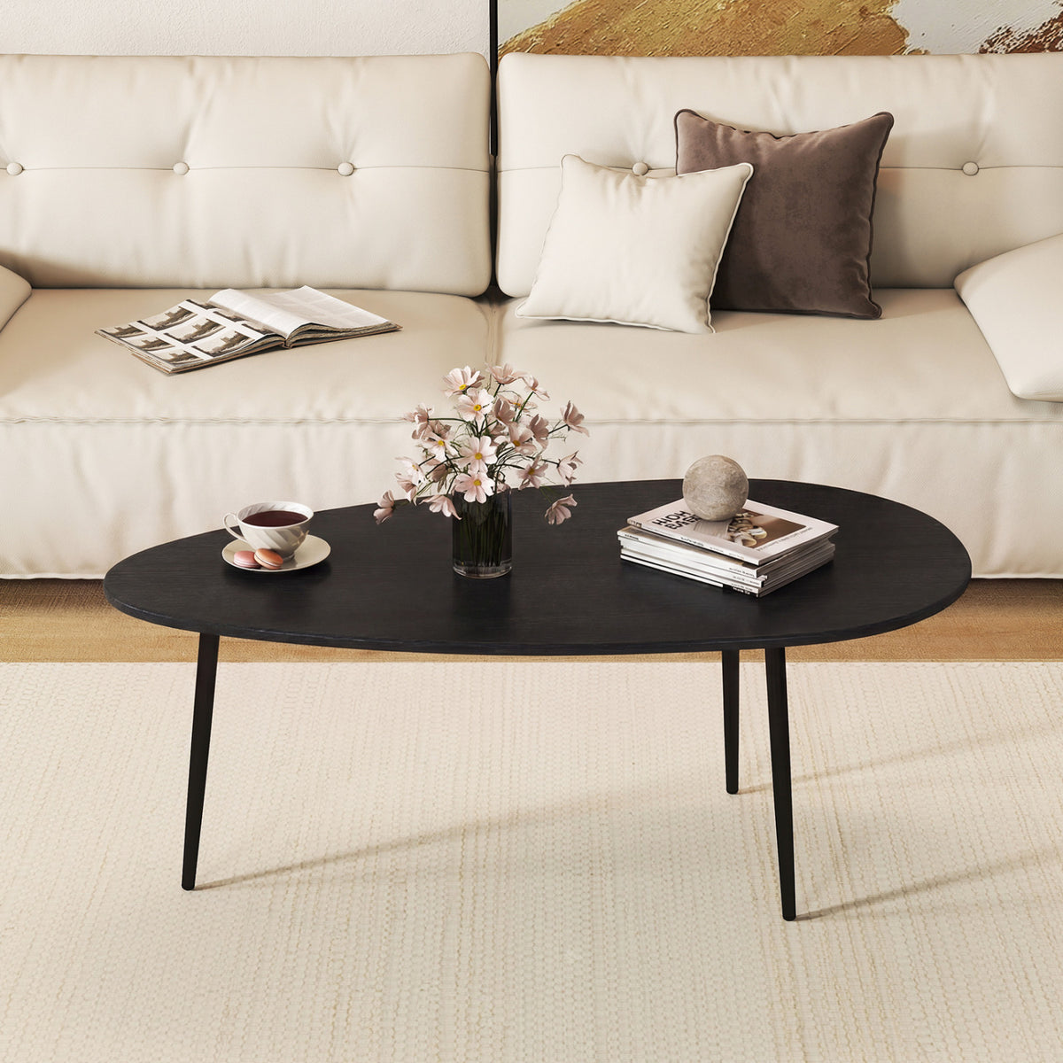 Oval Coffee Table Mid Century Center Table with Sturdy Metal Construction-Black