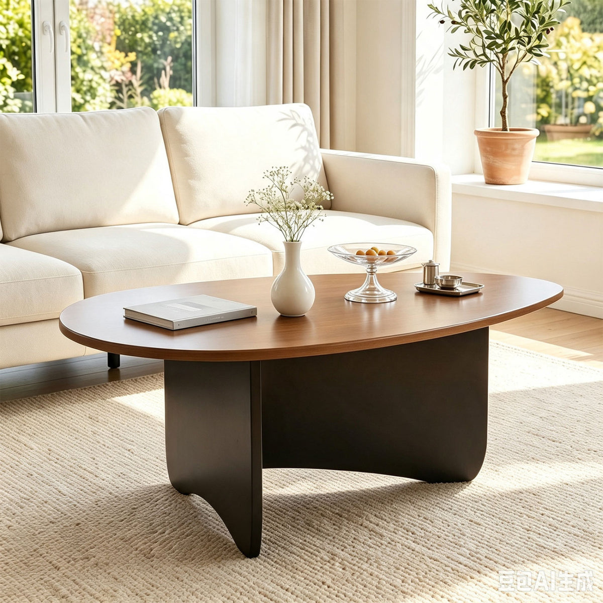 Oval Coffee Table Mid Century Modern Accent Table Low Profile Wooden Center Table-Walnut