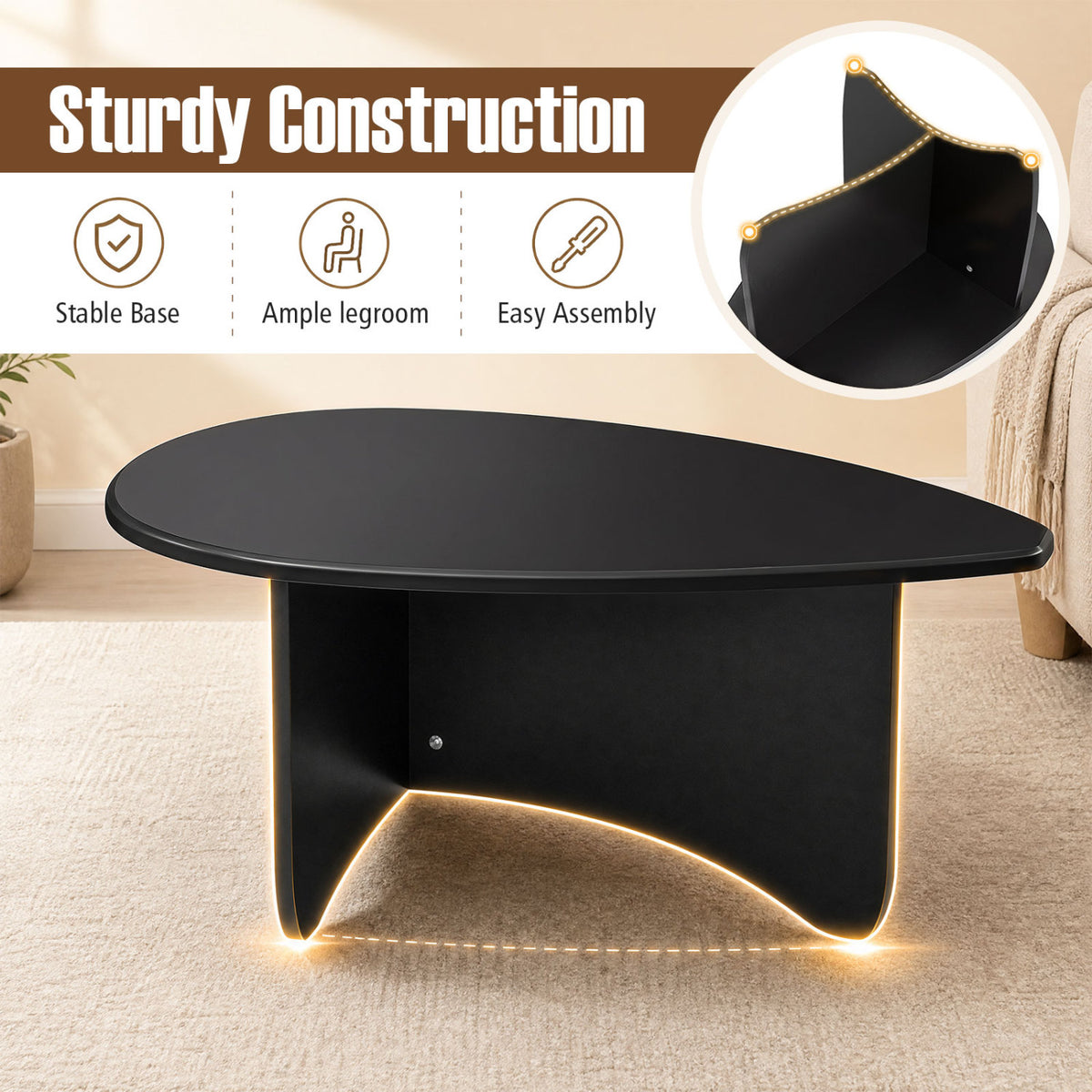 Oval Coffee Table Mid Century Modern Accent Table Low Profile Wooden Center Table-Black