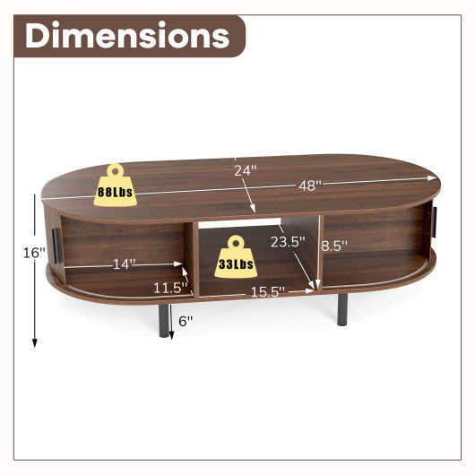 48" Mid Century Center Table with Sliding Fluted Doors and Open Compartment-Walnut