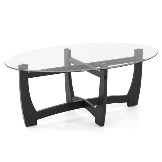 Oval Coffee Table with Tempered Glass Tabletop and Rubber Wood Legs-Black