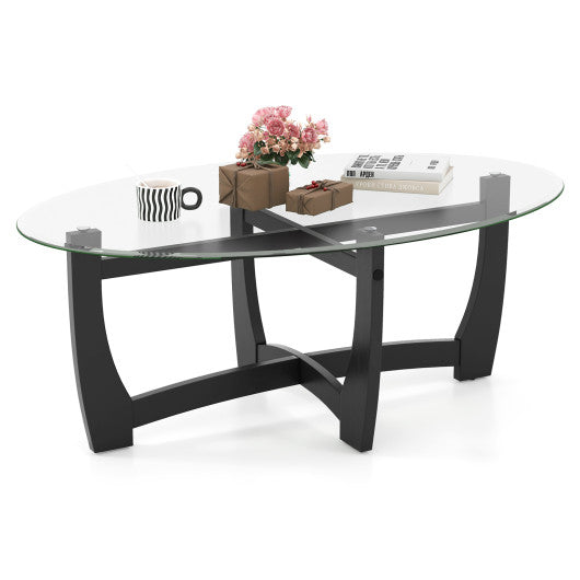 Oval Coffee Table with Tempered Glass Tabletop and Rubber Wood Legs-Black