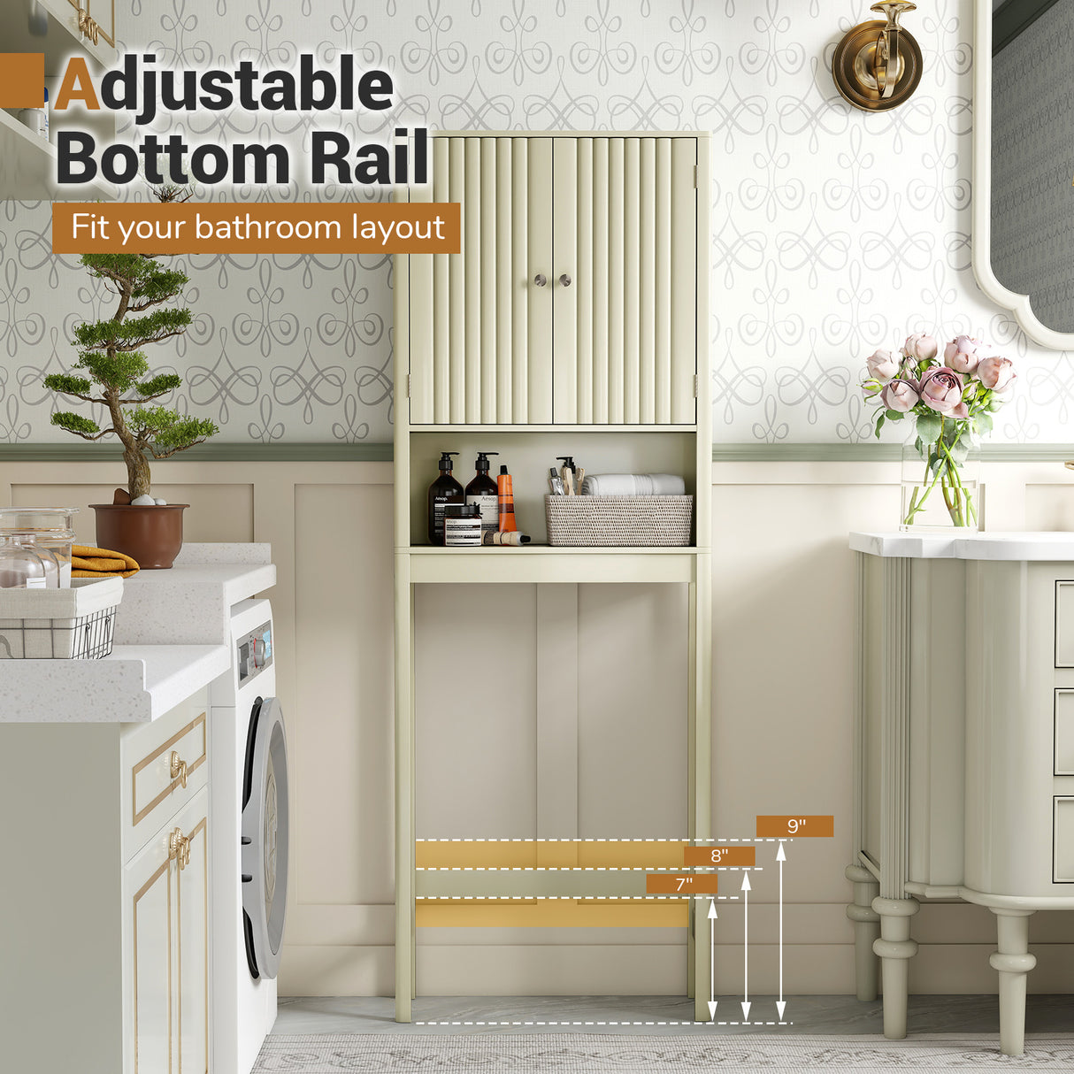 Over The Toilet Storage Cabinet with Fluted Doors-Beige