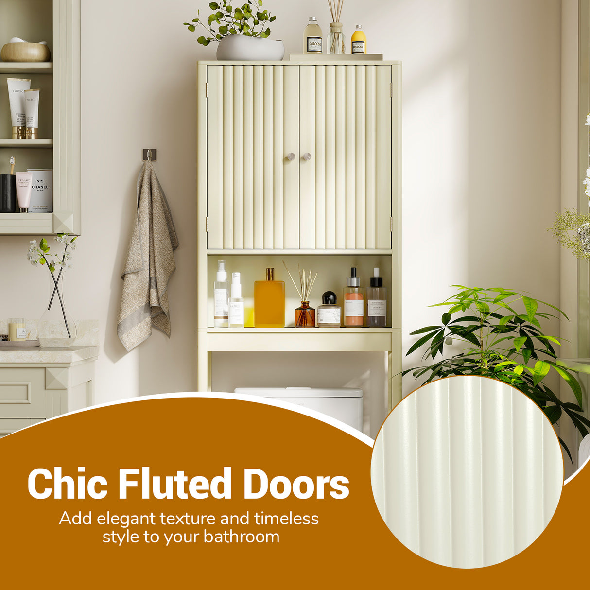 Over The Toilet Storage Cabinet with Fluted Doors-Beige
