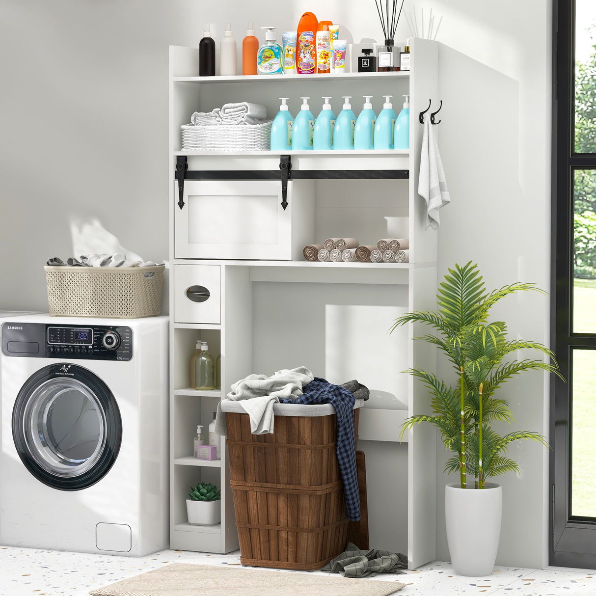 Over The Toilet Storage Cabinet with Sliding Barn Door and Adjustable Shelves-White