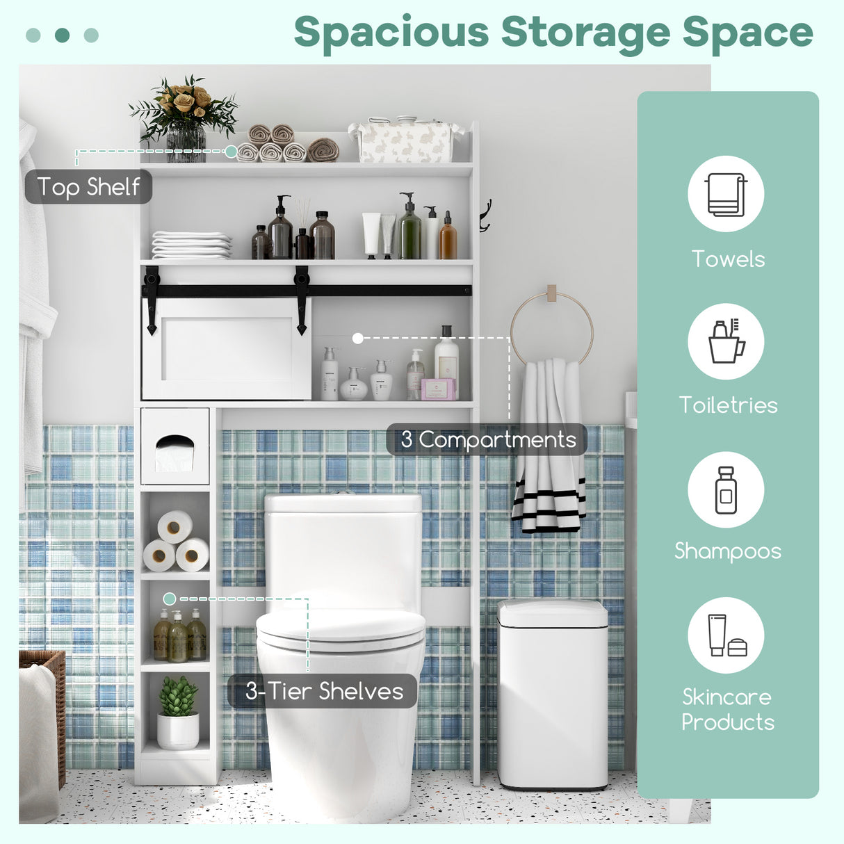 Over The Toilet Storage Cabinet with Sliding Barn Door and Adjustable Shelves-White