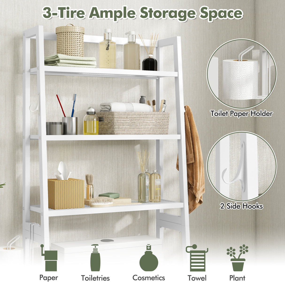 3-Tier Over The Toilet Storage Shelf with Adjustable Bottom Bar-White