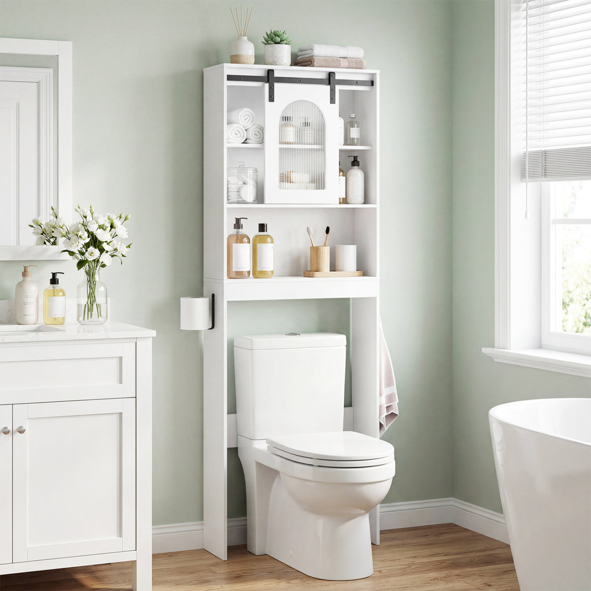 Over Toilet Storage Cabinet with Sliding Barn Door and Open Shelves for Bathroom-White