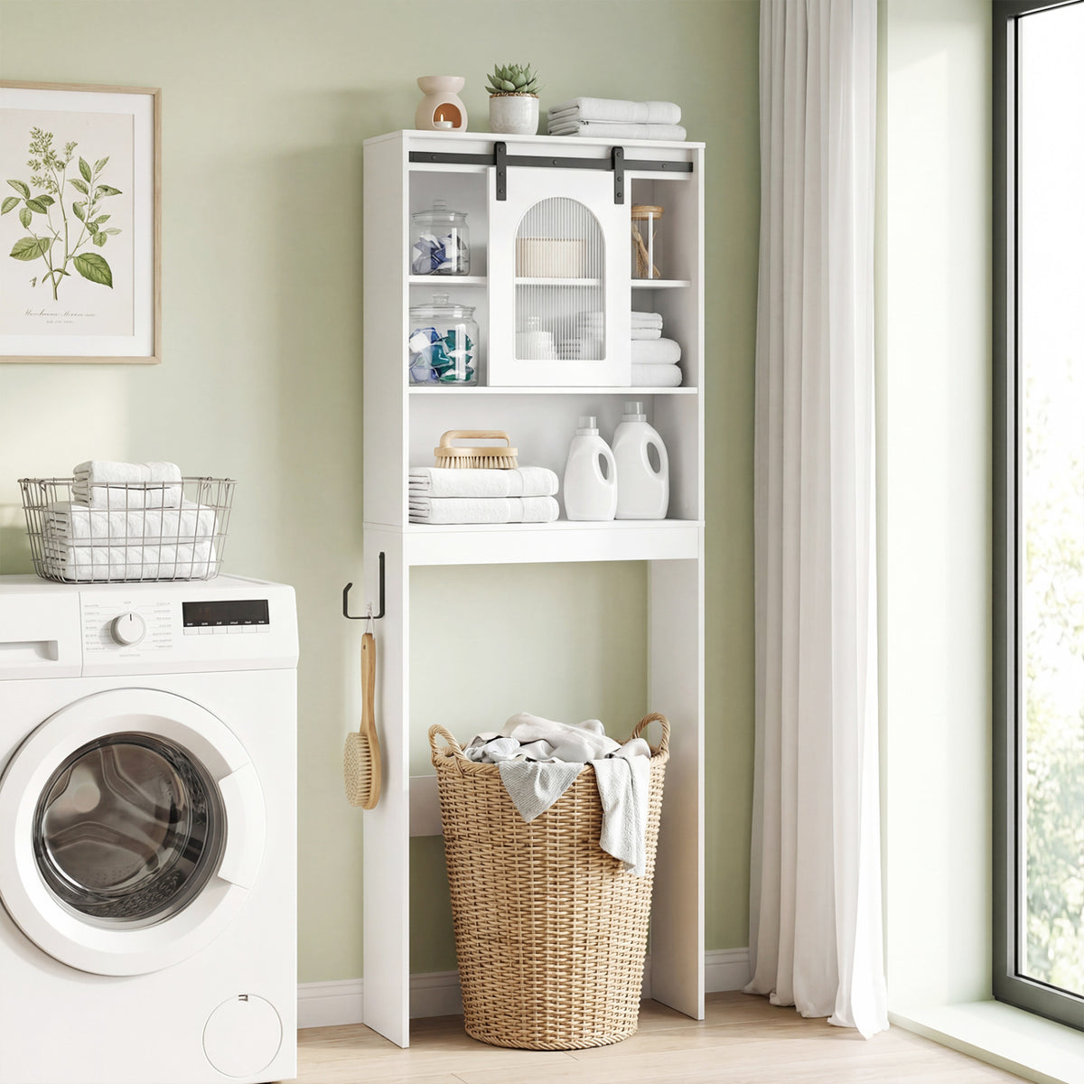 Over Toilet Storage Cabinet with Sliding Barn Door and Open Shelves for Bathroom-White
