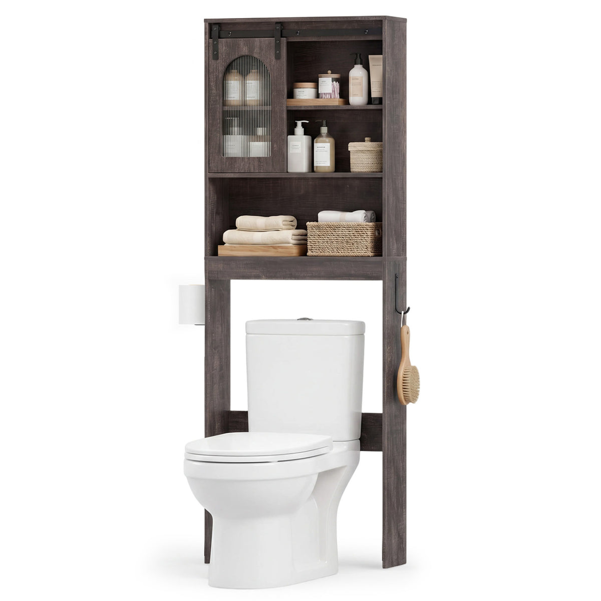 Over Toilet Storage Cabinet with Sliding Barn Door and Open Shelves for Bathroom-Oak