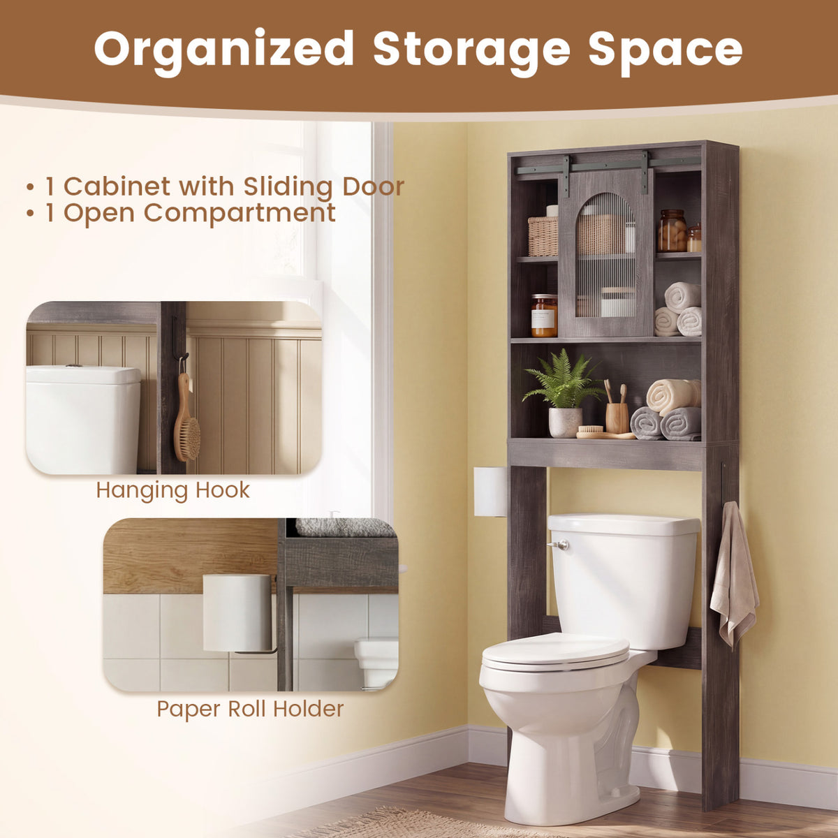 Over Toilet Storage Cabinet with Sliding Barn Door and Open Shelves for Bathroom-Oak
