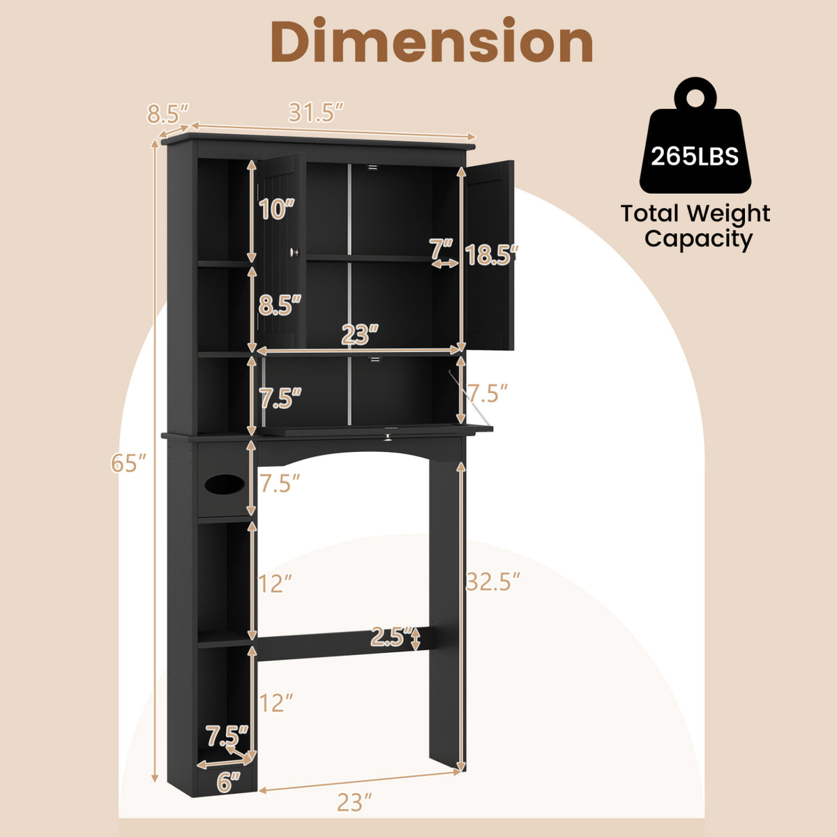Over the Toilet Storage Cabinet with Adjustable Shelf and Bottom Bar-Black