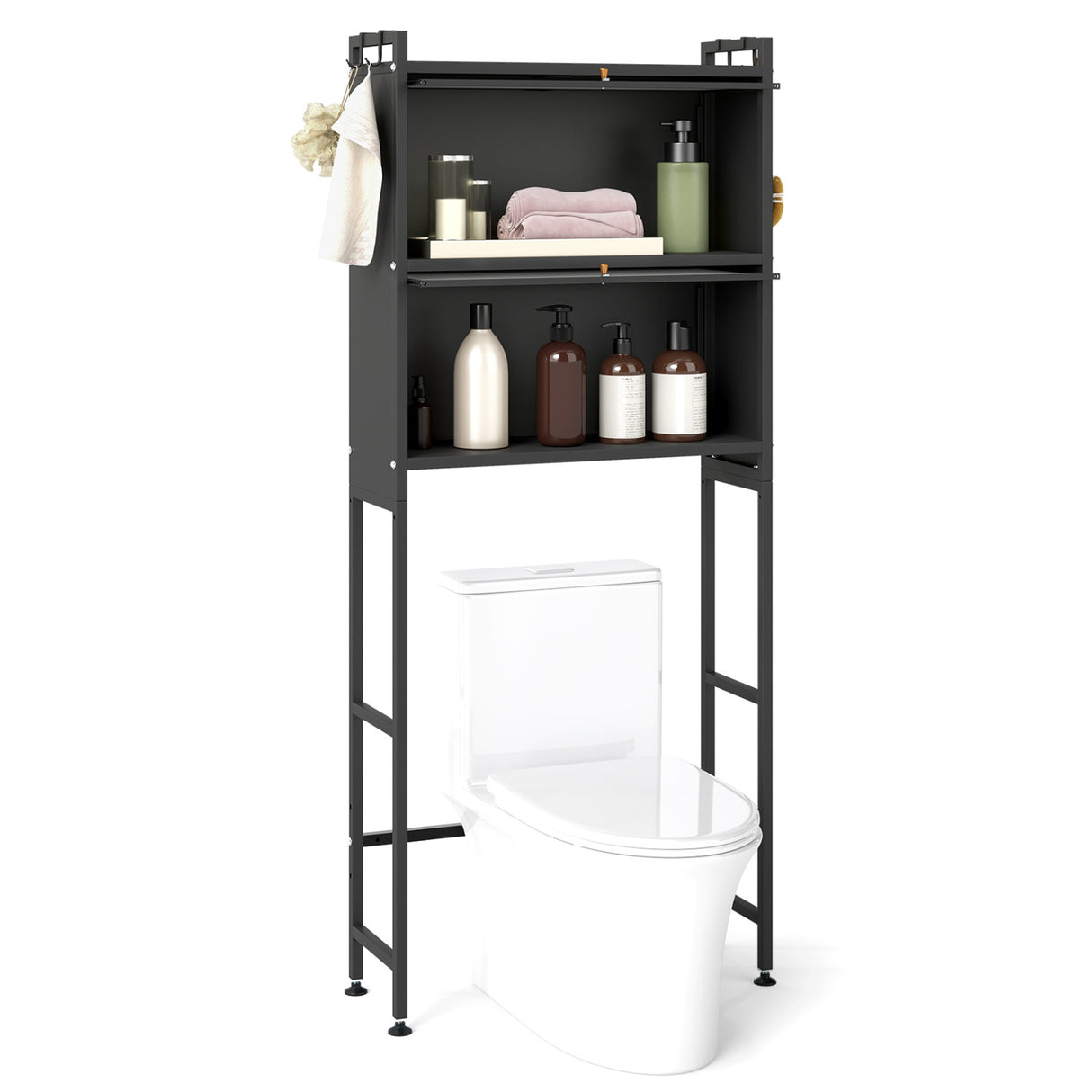 Over-the-toilet Cabinet Bathroom Organizer with 2 Flip-up Cabinets-Black