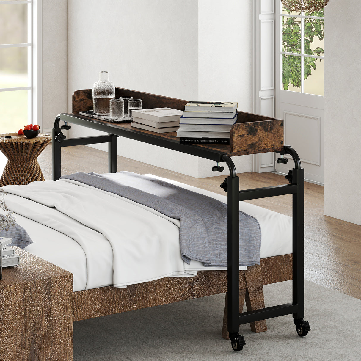 Overbed Desk with Wheels Queen Size Mobile Bed Desk with Adjustable Height-Brown