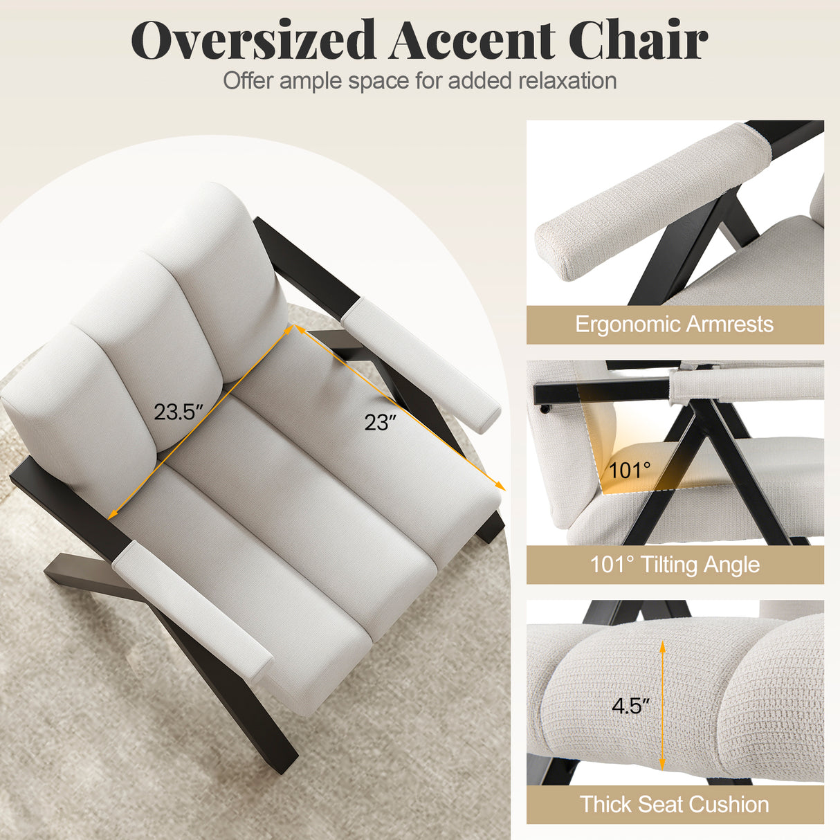 Oversized Accent Chair with Metal Frame and Armrests-Beige
