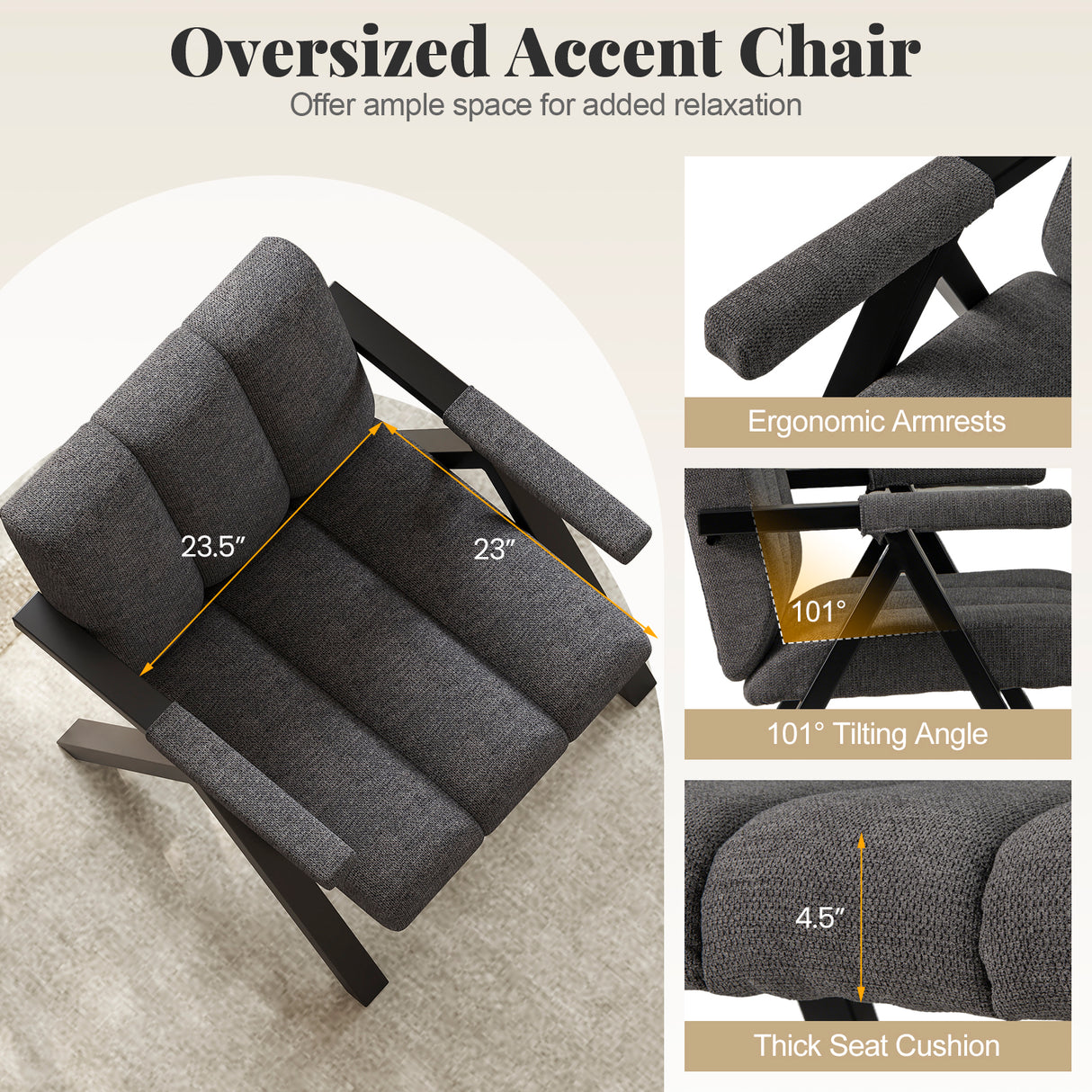 Oversized Accent Chair with Metal Frame and Armrests-Gray