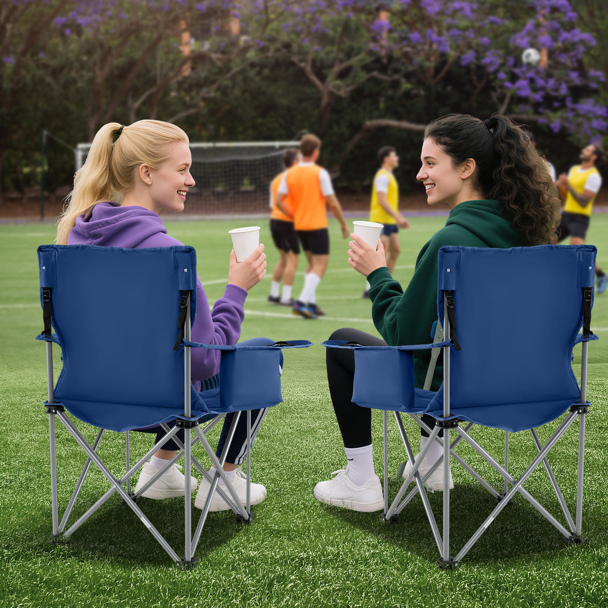 Oversized Camping Chairs Outdoor Folding Chair with Cooler Pouch and Cup Holder-Navy