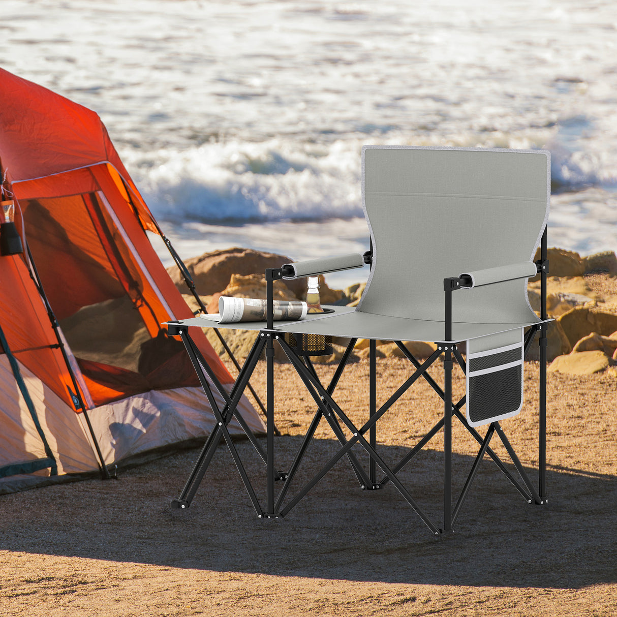 Oversized Camping Chair with Side Table and 2 Storage Pockets-Gray
