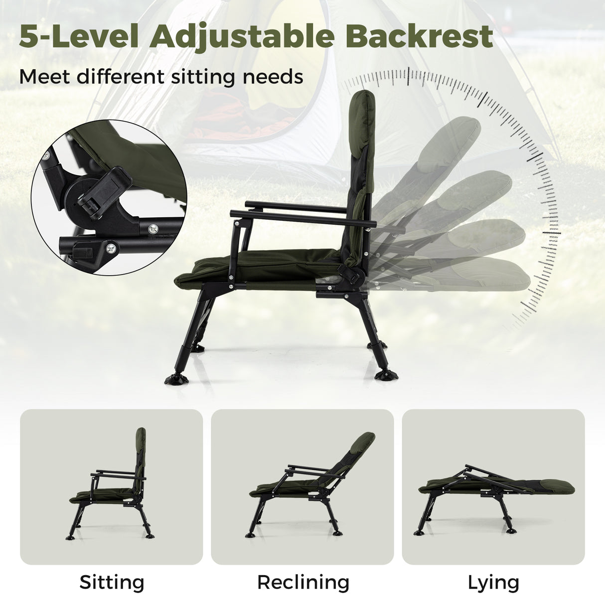 Oversized Foldable Fishing Chair for Adults with Armrest-Green