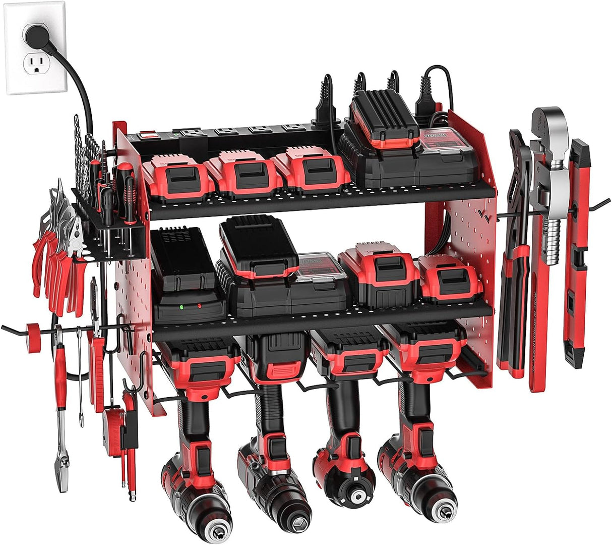 Power Tool Organizer Wall Mount, Cordless Drill Holder with 8-Outlet Power Strip, Modular Garage Organization Storage Rack 36 Months Warranty