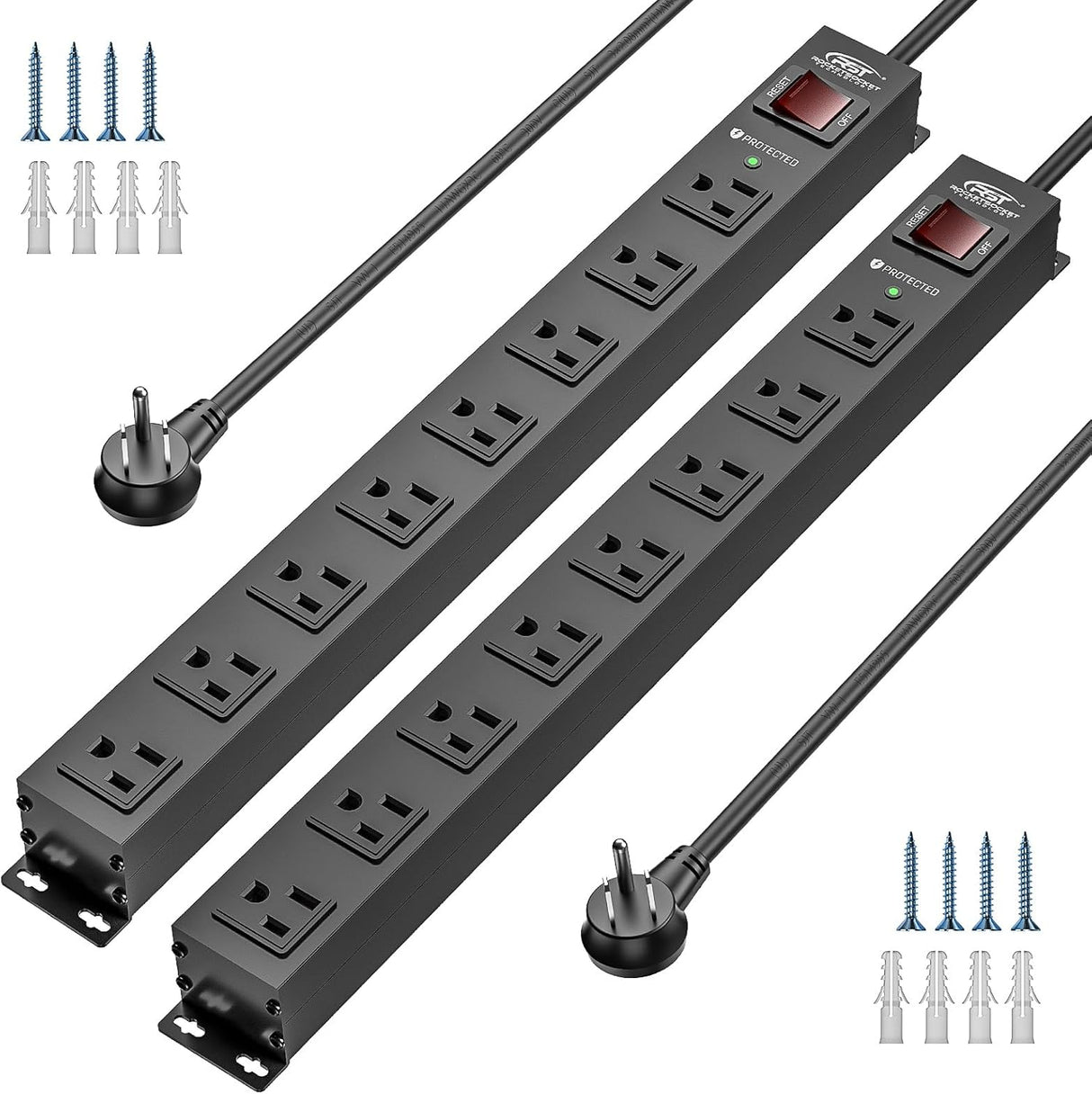 CRST 2 Pack 8 Outlet Metal Heavy Duty Power Strip 2100J Surge Protector 15A 1875W Mountable Wide Spaced Power Bar 6FT Flat Plug Extension Cord