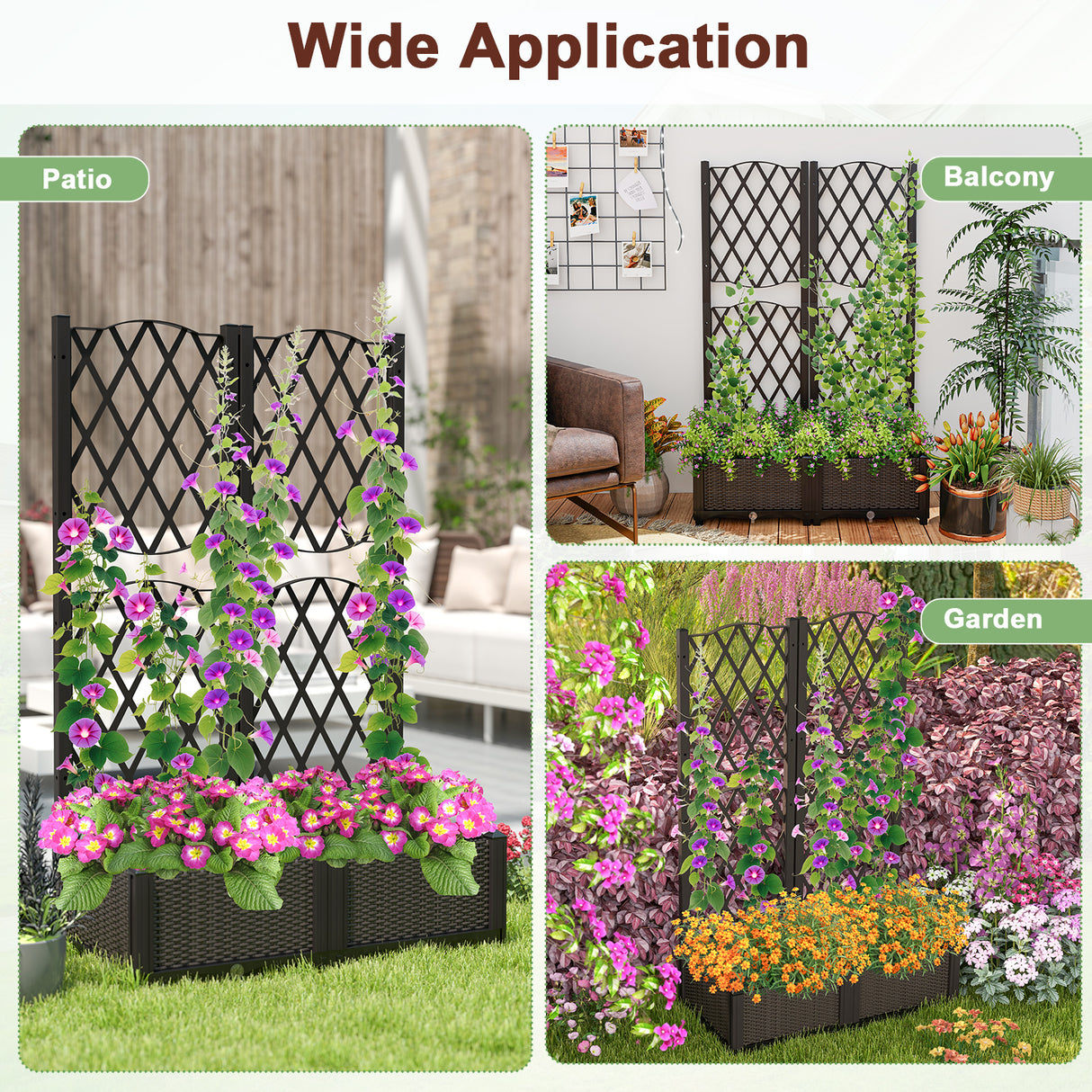 PE Rattan Raised Garden Bed with Trellis Planter Box for Climbing Plants-Brown