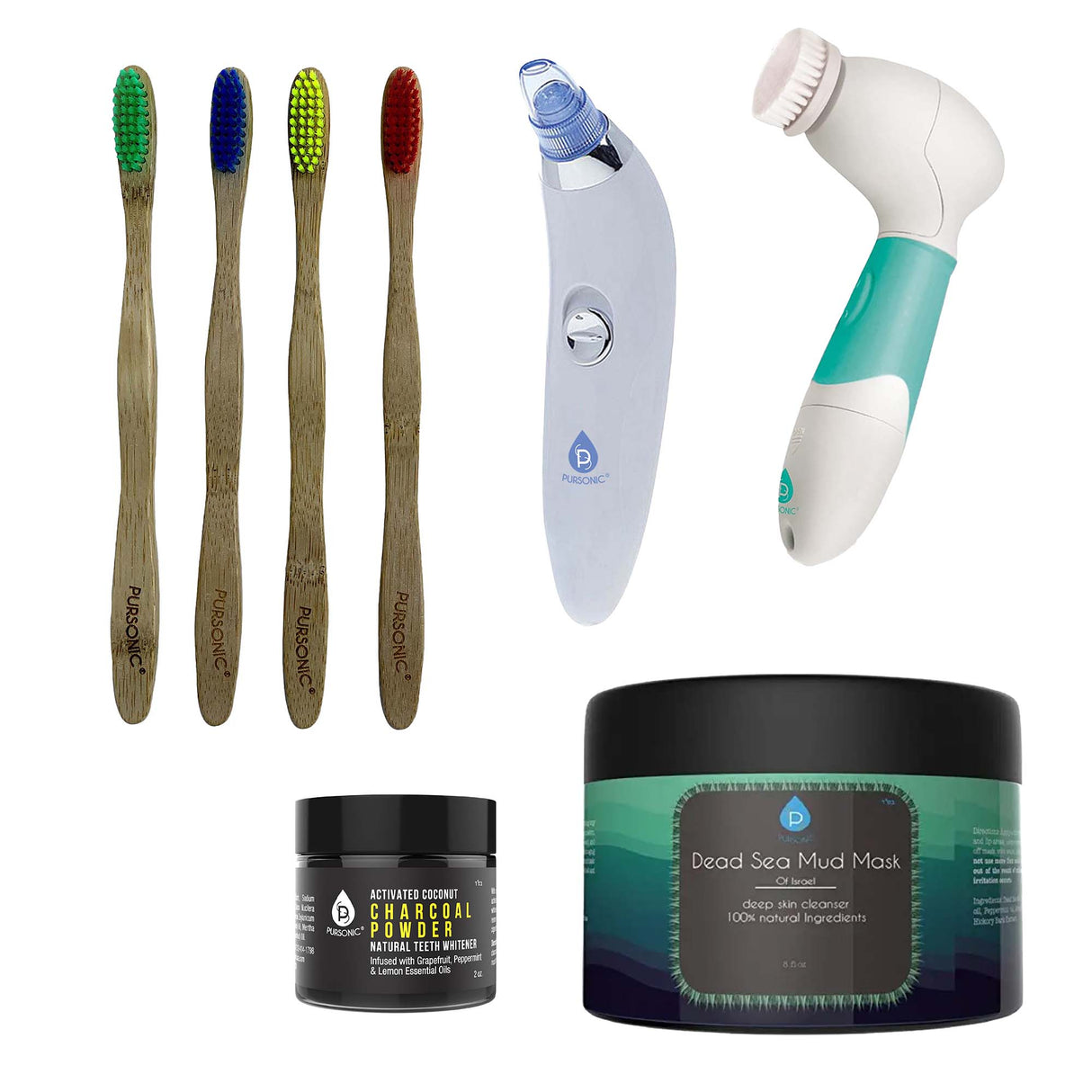 Pursonic Daily Detox Set - Pore Vacuum, Bamboo Toothbrushes, Charcoal Powder, Facial & Body Brush, and Dead Sea Mud Mask by Pursonic